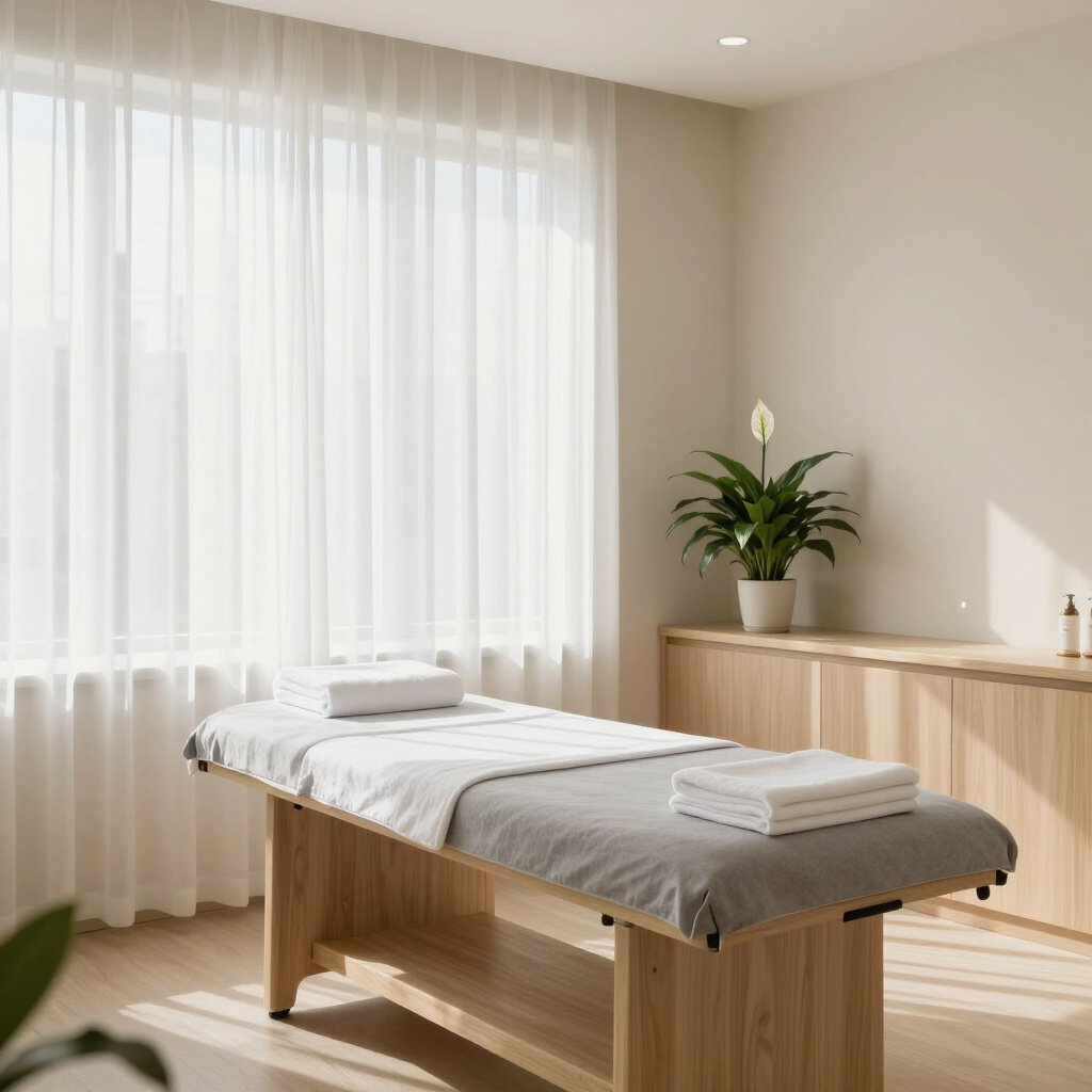 Massage table in a calm treatment room